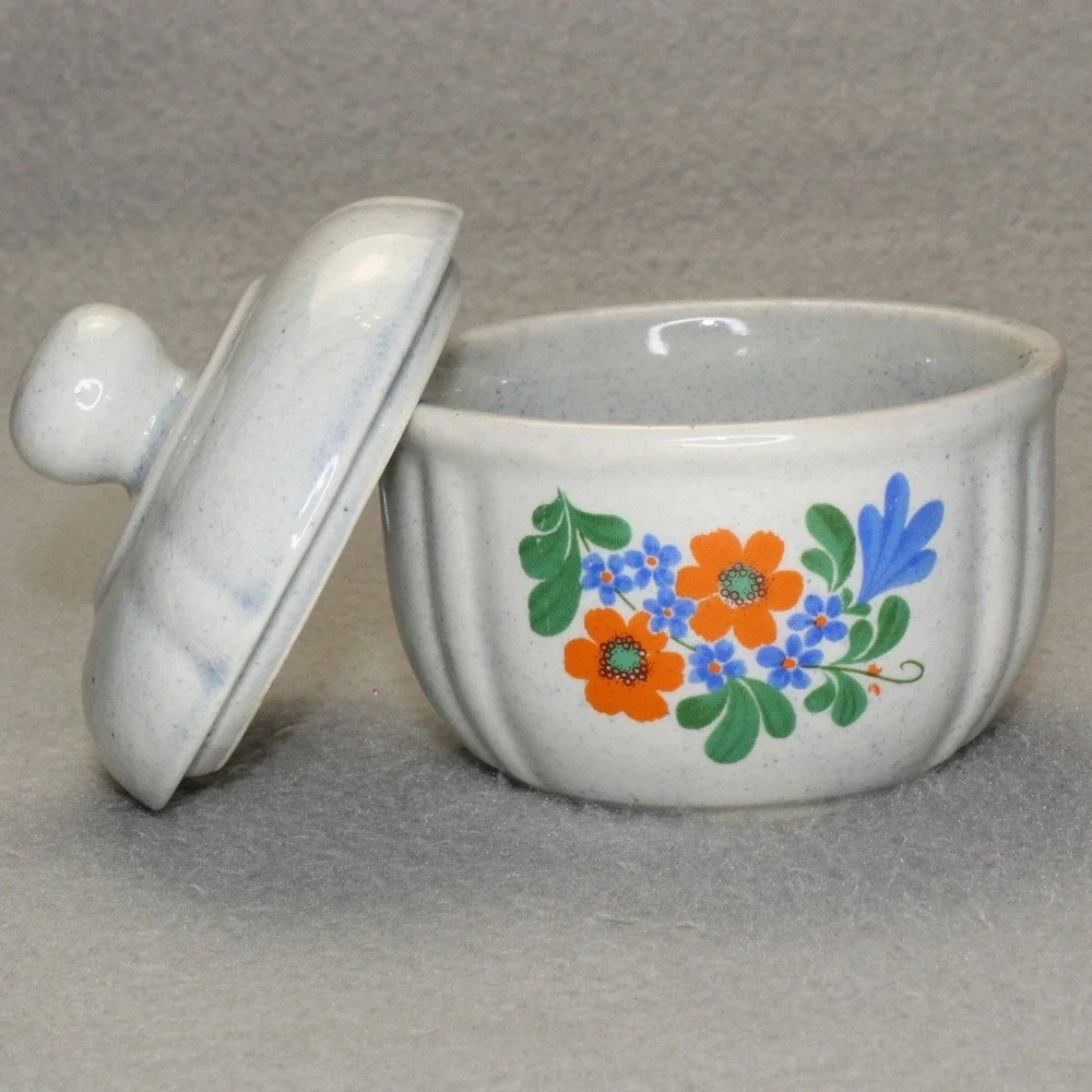 Vintage‎ GDR East German Floral Ceramic Sugar Bowl Lidded Jar Blue Orange 0.25L